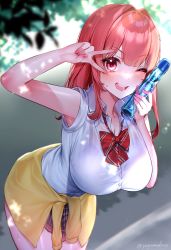 Rule 34 | 1girl, absurdres, armpits, blush, bottle, bra, breasts, clothes around waist, commission, highres, holding, holding bottle, large breasts, long hair, looking at viewer, open mouth, original, outdoors, pleated skirt, red bra, red eyes, red hair, red ribbon, red skirt, ribbon, school uniform, see-through, see-through shirt, skeb commission, skirt, smile, sweater, sweater around waist, underwear, v, yayoi maka
