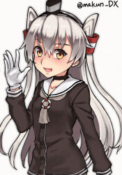 Rule 34 | 1girl, amatsukaze (kancolle), brown dress, brown eyes, choker, cowboy shot, dress, gloves, grey hair, grey neckerchief, hair tubes, hat, highres, kantai collection, lifebuoy ornament, long hair, looking at viewer, maakun (makun dx), mini hat, neckerchief, one-hour drawing challenge, sailor collar, sailor dress, short dress, simple background, smokestack hair ornament, solo, twitter username, two side up, white background, white gloves, white sailor collar