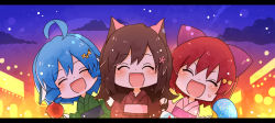 Rule 34 | 3girls, ahoge, alternate costume, animal ears, arms up, bag, blue hair, blush, bow, brown hair, candy apple, chibi, closed eyes, commentary request, drill hair, facing viewer, fang, festival, fins, fish, flower, food, goldfish, grass root youkai network, green kimono, hair between eyes, hair bow, hair flower, hair ornament, hairclip, hand fan, happy, head fins, imaizumi kagerou, japanese clothes, kimono, leaning, letterboxed, light particles, lights, long hair, multiple girls, night, night sky, obi, open mouth, outdoors, paper fan, pink kimono, red hair, red kimono, sash, sekibanki, short hair, sky, smile, star (sky), starry sky, sweatdrop, totoharu (kujirai minato), touhou, uchiwa, upper body, wakasagihime, wolf ears