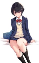 Rule 34 | 1girl, bag, black hair, blazer, bow, bowtie, brown eyes, check copyright, collared shirt, copyright request, highres, jacket, kneehighs, light blush, looking at viewer, miniskirt, open clothes, open jacket, original, pleated skirt, school bag, school uniform, shirt, short hair, simple background, sitting, skirt, socks, solo, white background, yammy