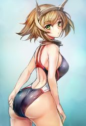 Rule 34 | 10s, 1girl, adjusting clothes, adjusting swimsuit, ass, back, brown hair, collar, competition swimsuit, green eyes, headgear, highres, kadokawa shoten, kantai collection, looking back, mutsu (kancolle), one-piece swimsuit, personification, short hair, solo, swimsuit, taishi (artist), taishi (picchiridou)