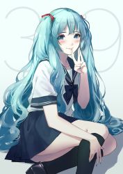 Rule 34 | 1girl, 39, alternate costume, aqua eyes, aqua nails, black footwear, black socks, blue bow, blue bowtie, blue eyes, blue skirt, bow, bowtie, caidychen, closed mouth, collarbone, commentary, fingernails, gradient eyes, hair bow, hand on own leg, hand up, hatsune miku, highres, kneehighs, knees together feet apart, long hair, looking at viewer, middle w, miniskirt, multicolored eyes, nail polish, pleated skirt, red bow, sailor collar, sailor shirt, school uniform, serafuku, shadow, shirt, shoes, short sleeves, sitting, skirt, smile, socks, solo, symbol-only commentary, twintails, very long hair, vocaloid, w, wavy hair, white shirt, yokozuwari