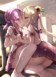 Rule 34 | 2girls, ahoge, animal, ass, blonde hair, blush, cat, character name, commentary request, desk, eye contact, flower, hair bobbles, hair flower, hair ornament, heart, highres, holding hands, indoors, interlocked fingers, long hair, looking at another, multiple girls, natuna natu, no shoes, on floor, original, pleated skirt, puffy short sleeves, puffy sleeves, purple eyes, purple hair, red sailor collar, red skirt, sailor collar, school desk, school uniform, serafuku, shirt, short sleeves, skirt, soles, sunflower, sunflower hair ornament, thighhighs, twintails, very long hair, white cat, white legwear, white shirt, x hair ornament, yellow eyes, yellow flower, yuri