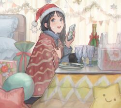 Rule 34 | 1girl, absurdres, aqua eyes, bed, black hair, blush, box, cellphone, christmas, christmas present, commentary, cup, fork, gift, gift box, glass bottle, grey sweater, hat, highres, holding, holding phone, indoors, long hair, looking at viewer, open mouth, original, phone, pillow, plate, santa hat, sitting, solo, string of flags, sweater, symbol-only commentary, teeth, upper teeth only, utaka (anyoanyot)