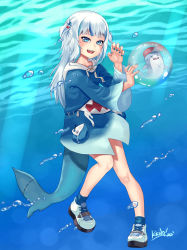 Rule 34 | 1girl, :d, bloop (gawr gura), blue eyes, claw pose, commentary, english commentary, fins, fish tail, full body, gawr gura, hair between eyes, hair ornament, highres, hololive, hololive english, hood, hooded coat, kikino, long hair, long sleeves, looking at viewer, multicolored hair, nail polish, ocean, open mouth, shark hair ornament, shark tail, sharp teeth, shoes, sidelocks, signature, smile, sneakers, streaked hair, tail, teeth, two-tone hair, underwater, virtual youtuber, white hair