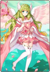 Rule 34 | 1girl, artist request, blunt bangs, blush, border, choker, dress, elona, elona mobile, feathered wings, feet out of frame, flat chest, flower, flying, fur-trimmed dress, fur trim, gradient hair, green hair, hair flower, hair ornament, head wings, heart, heart print, high heels, holding, holding staff, jure of healing, long hair, long sleeves, looking at viewer, lowres, mini wings, multicolored hair, multiple wings, official art, orange hair, petals, pink dress, short dress, sidelocks, solo, staff, standing, thighhighs, two-tone hair, very long hair, wavy hair, white thighhighs, white wings, wide sleeves, wings, zettai ryouiki