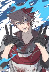 Rule 34 | 1boy, black gloves, blood, blood on clothes, blood on face, blue eyes, brown hair, crossed bangs, double v, fang, genshin impact, gloves, hair between eyes, highres, jacket, jewelry, male focus, mask, mask on head, musou (asatomjj), red mask, red scarf, scarf, simple background, skin fang, solo, tartaglia (genshin impact), twitter username, upper body, v, white background