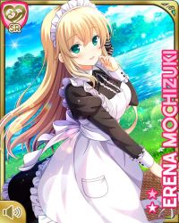 Rule 34 | 1girl, apron, black bow, black dress, blonde hair, blush, bow, braid, breasts, card (medium), cyberagent, day, dress, female focus, finger by mouth, girlfriend (kari), grass, green eyes, hair bow, large breasts, long hair, maid, maid apron, maid headdress, mansion, mochizuki erena, official art, open mouth, outdoors, qp:flapper, ribbon, smile, solo, standing, striped, striped bow, tagme, water, white apron, white headwear