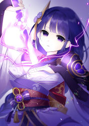 Rule 34 | 1girl, absurdres, armor, braid, breasts, bridal gauntlets, cleavage, commentary request, flower, genshin impact, hair ornament, highres, holding, holding sword, holding weapon, human scabbard, japanese clothes, kimono, large breasts, long hair, long sleeves, looking at viewer, mitsudomoe (shape), mole, mole under eye, nail polish, open mouth, parted lips, purple eyes, purple flower, purple hair, purple nails, raiden shogun, ribbon, sash, shoulder armor, simple background, solo, sword, tassel, tomoe (symbol), weapon, wide sleeves, yukki 0125