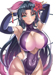 Rule 34 | 1girl, absurdres, action taimanin, alternate costume, aqua eyes, armpits, arms behind head, arms up, black hair, breasts, cameltoe, cleavage, cleft of venus, covered navel, curvy, highleg, highleg leotard, highres, huge breasts, igawa asagi, large breasts, leotard, long hair, looking at viewer, official alternate costume, open mouth, parapetto, shiny clothes, shiny skin, smile, solo, taimanin (series), taimanin asagi, thong leotard, very long hair, wide hips