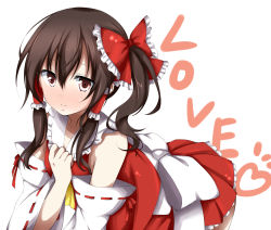 Rule 34 | 1girl, alternate hairstyle, ascot, bad id, bad pixiv id, bow, brown hair, colorized, detached sleeves, dress, english text, female focus, frilled skirt, frills, hair bow, hair tubes, hakurei reimu, heart, highres, hoshi (menma), leaning forward, long hair, red dress, red eyes, ribbon, side ponytail, simple background, skirt, smile, solo, text focus, toosaka asagi, touhou, white background