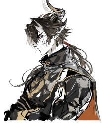 Rule 34 | 1boy, absurdres, arknights, black jacket, brown hair, chong yue (arknights), crossed arms, earrings, highres, horns, jacket, jewelry, long hair, looking to the side, low ponytail, male focus, multicolored hair, pointy ears, profile, remsrar, simple background, solo, streaked hair, upper body, very long hair, white background