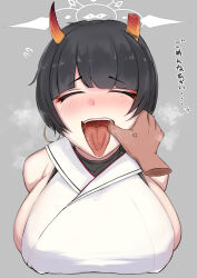 Rule 34 | 1girl, blue archive, blush, closed eyes, grey background, highres, japanese clothes, japanese text, niya (blue archive), school uniform, solo, tongue, tongue out, tyamurai33