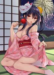 Rule 34 | 1girl, aerial fireworks, bad id, bad twitter id, bare shoulders, black hair, blush, breasts, brown eyes, candy apple, cleavage, clothes lift, collarbone, fireworks, floral print, flower, food, fox mask, hair flower, hair ornament, hair tie, hairclip, holding, japanese clothes, kimono, kimono lift, looking at viewer, mask, obi, off shoulder, on floor, open mouth, original, pink kimono, saliva, saliva trail, sash, shiromikan, side ponytail, sidelocks, sitting, socks, solo, summer festival, tabi, tatami, white socks, yukata