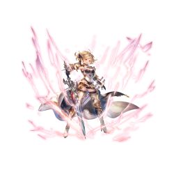 Rule 34 | 1girl, arm at side, armored boots, blonde hair, boots, breasts, brown eyes, djeeta (granblue fantasy), granblue fantasy, high heel boots, high heels, holding, holding sword, holding weapon, lightning, medium breasts, minaba hideo, official art, open mouth, relic buster (granblue fantasy), short shorts, shorts, solo, standing, sword, thigh boots, thighhighs, third-party source, transparent background, weapon