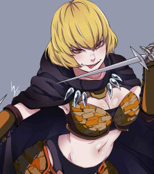 Rule 34 | 1girl, absurdres, armor, blonde hair, breasts, chokominto, cleavage, clementine (overlord), female focus, from above, hair between eyes, highres, large breasts, looking at viewer, midriff, navel, overlord (maruyama), red eyes, short hair, smile, solo, sword, tongue, tongue out, upper body, weapon