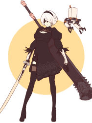 Rule 34 | 1girl, black blindfold, black footwear, black gloves, black leotard, blindfold, bob cut, boots, breasts, cleavage, closed mouth, full body, gloves, headband, highres, holding, holding sword, holding weapon, katana, leotard, long sleeves, mole, mole under mouth, nier (series), nier:automata, pod (nier:automata), solo, standing, sword, thigh boots, thighhighs, truejekart, weapon, weapon on back, white background, white hair, 2b (nier:automata)