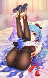Rule 34 | 1girl, absurdres, ahoge, bare shoulders, bed, bed sheet, black pantyhose, blue hair, blush, bodystocking, bodysuit, bow, bowtie, breasts, cameltoe, chinese knot, covered erect nipples, dated, detached sleeves, flower knot, ganyu (genshin impact), genshin impact, gold trim, high heels, highres, horns, knees to chest, lactation, lactation through clothes, legs, legs over head, legs together, legs up, leotard, leotard under clothes, long hair, looking at viewer, lying, medium breasts, nipples, on back, pantyhose, pillow, red eyes, see-through, signature, solo, sweat, tassel, vision (genshin impact), white sleeves, yanlan feixue