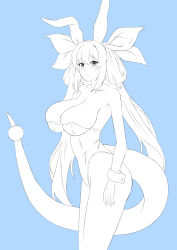 Rule 34 | 1girl, absurdres, animal ears, armpit peek, armpits, bare shoulders, blue background, blush, breasts, bunny day, collarbone, dizzy (guilty gear), fake animal ears, fake tail, from side, fuuma (bangolga1), guilty gear, hair between eyes, hair ornament, hair ribbon, hair rings, highres, large breasts, leotard, long hair, looking at viewer, monochrome, monster girl, playboy bunny, rabbit ears, rabbit tail, ribbon, sideboob, sidelocks, solo, tail, tail ornament, twintails, wrist cuffs