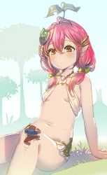 Rule 34 | 1boy, 1girl, ahoge, arm support, blush, bow (bhp), breasts, giant, giantess, gran (granblue fantasy), granblue fantasy, grass, hair between eyes, hair ornament, navel, pink hair, revision, sitting, small breasts, solo focus, tree, yellow eyes, yggdrasil (granblue fantasy)