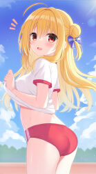 Rule 34 | 1girl, ahoge, ass, blonde hair, bloomers, blue bow, blue sky, bow, breasts, clothes lift, cloud, commentary request, cowboy shot, crossed bangs, day, double-parted bangs, eyes visible through hair, from side, furrowed brow, hair between eyes, hair bow, hair bun, hair over shoulder, hamidashi creative, highres, izumi hiyori, lifted by self, long hair, looking at viewer, medium breasts, notice lines, one side up, outdoors, red bloomers, red eyes, shirt, shirt lift, short sleeves, shy, sidelocks, sky, solo, standing, sweat, underwear, utsunomiya tsumire, white shirt