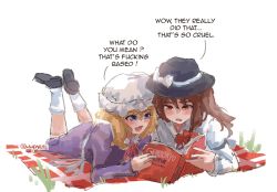 Rule 34 | 2girls, :d, based (meme), black footwear, black headwear, blonde hair, blue eyes, book, bow, brown eyes, brown hair, commentary, dot nose, dress, english commentary, english text, feet up, frilled hat, frills, grass, hat, hat bow, highres, holding, holding book, jaggy lines, juliet sleeves, light blush, long hair, long sleeves, lying, maribel hearn, multiple girls, neck ribbon, on stomach, open mouth, platform footwear, profanity, puffy sleeves, purple dress, reading, red ribbon, ribbon, sketch, smile, socks, talking, touhou, twitter username, usami renko, white background, white bow, white headwear, white socks, wwparasi