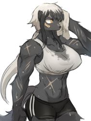 Rule 34 | 1girl, abs, absurdres, arm at side, bandaid, bandaid on face, black fur, black hair, black shorts, black skin, breasts, colored skin, commentary request, furry, furry female, highres, holding, holding towel, korean commentary, large breasts, long hair, looking to the side, multicolored hair, muscular, muscular female, ponytail, short shorts, shorts, simple background, sketch, snout, solo, sookmo, sports bra, sweat, tank top, towel, two-tone hair, very long hair, white background, white hair, white tank top, yellow eyes