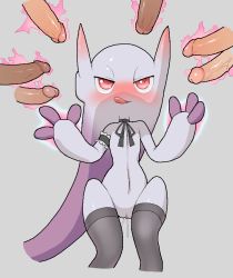 Rule 34 | 1girl, 6+boys, arm garter, aura, black ribbon, black thighhighs, blush, creatures (company), feet out of frame, game freak, gen 1 pokemon, grey background, half-closed eyes, interspecies, jitome, legendary pokemon, mega mewtwo y, mega pokemon, mewtwo, multiple boys, neck ribbon, nintendo, outstretched arms, parted lips, penis, pokemon, pokemon (creature), pokephilia, prehensile hair, psychic, pussy, pussy juice, pussy juice drip, red eyes, ribbon, shiny skin, simple background, standing, thighhighs, thighs, tongue, tongue out, tosx, veins, veiny penis