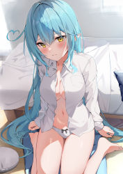 Rule 34 | 1girl, absurdres, ahoge, aqua hair, auui, bare legs, barefoot, bed, bedroom, blush, bow, bow panties, breasts, cleavage, closed mouth, collared shirt, commentary request, dress shirt, heart, heart ahoge, highres, hololive, indoors, knees out of frame, large breasts, long hair, long sleeves, looking at viewer, navel, no bra, no pants, on floor, open clothes, open shirt, panties, pointy ears, raised eyebrows, shirt, sidelocks, sitting, solo, stomach, thighs, toes, unbuttoned, underwear, very long hair, virtual youtuber, wariza, white panties, white shirt, window, yellow eyes, yukihana lamy