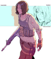 Rule 34 | 1girl, battle rifle, blood, blood on clothes, blue eyes, brown hair, commentary, commission, english commentary, facial scar, far cry, far cry 5, fingerless gloves, flat chest, gloves, gun, lips, load bearing vest, messy hair, military operator, parted bangs, parted lips, rejean dubois, rifle, scar, scar on cheek, scar on face, short hair, solo, torn clothes, walking, weapon, weapon request, zoom layer