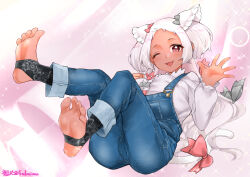Rule 34 | 1girl, ;3, absurdres, artist name, barefoot, blue overalls, bow, breasts, dark-skinned female, dark skin, feet, feet up, fukuinu, full body, grey bow, heart, heart-shaped pupils, highres, huge breasts, indie virtual youtuber, large breasts, long hair, looking at viewer, lying, nekobuki kemuri, on back, one eye closed, overalls, parted bangs, pink bow, red eyes, shirt, smile, soles, solo, sparkle, stirrup legwear, suspenders, symbol-shaped pupils, tail, tail bow, tail ornament, toeless legwear, two side up, very long hair, virtual youtuber, waving, white hair, white shirt