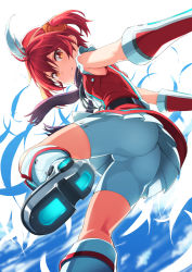 Rule 34 | 1girl, ass, blush, boots, from below, highres, isshiki akane, knee boots, looking at viewer, michairu, red eyes, red hair, scarf, scrunchie, short hair, short shorts, shorts, smile, solo, twintails, upskirt, vividred operation, white footwear