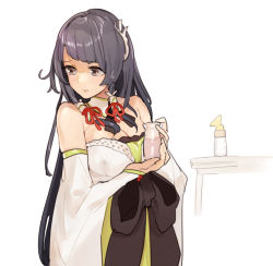 Rule 34 | 1girl, baby bottle, black hair, blush, bottle, breasts, cleavage, closed mouth, detached sleeves, embarrassed, fuwafuwatoufu, hair ornament, hair tubes, holding, holding bottle, japanese clothes, kantai collection, lactation, lactation through clothes, large breasts, long hair, looking to the side, mizuho (kancolle), simple background, solo, table, upper body, very long hair, white background, wide sleeves
