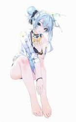Rule 34 | 1girl, bare legs, barefoot, bra, choker, closed mouth, drinking straw, feet, food, hair between eyes, hair bun, hair ornament, highres, hololive, hoshimachi suisei, jewelry, looking at viewer, mania (fd6060 60), nail polish, panties, ribbon, side ponytail, single hair bun, solo, star-shaped pupils, star (symbol), symbol-shaped pupils, thighs, underwear, virtual youtuber, watch, white background