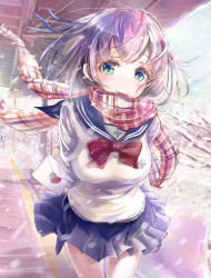 Rule 34 | 1girl, arms behind back, blue eyes, blue skirt, blush, bow, bowtie, breasts, cowboy shot, day, enpera, green eyes, half-closed eyes, heart, highres, holding, keepout, large breasts, leaning forward, letter, light purple hair, looking at viewer, love letter, multicolored eyes, original, outdoors, plaid, plaid scarf, red bow, red bowtie, scarf, school uniform, serafuku, skirt, smile, snow, solo, soramu, train station, wind, wind lift