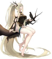 Rule 34 | 1girl, absurdly long hair, arknights, bare shoulders, barefoot, bird, bird on hand, black nails, black one-piece swimsuit, blonde hair, branch, breasts, casual one-piece swimsuit, closed mouth, crow, detached sleeves, ears visible through hair, hair between eyes, hair ornament, high ponytail, highres, horns, infection monitor (arknights), large breasts, long hair, long sleeves, looking at viewer, looking to the side, maya g, nail polish, official alternate costume, one-piece swimsuit, pointy ears, red eyes, shining (arknights), shining (silent night) (arknights), sideways glance, sitting, smile, solo, swimsuit, thigh strap, thighs, very long hair, white background