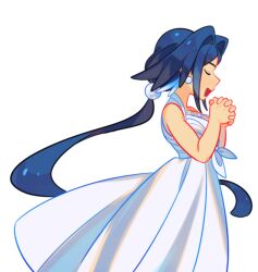 Rule 34 | 1girl, blue hair, breasts, closed eyes, commentary request, constellor, dress, earrings, from side, highres, jewelry, long dress, long hair, medium breasts, odele starlor, open mouth, original, own hands clasped, own hands together, ponytail, smile, solo, very long hair, white dress