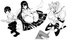 Rule 34 | 3girls, animal ears, ass, black hair, blush, breasts, clitoris, highres, lips, long hair, looking away, lying, medium breasts, monochrome, multiple girls, on back, open mouth, original, penis, pussy, sex, spread pussy, thick thighs, thighs, uncensored, xeirn