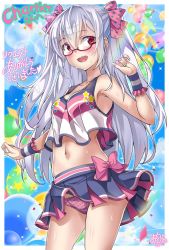 Rule 34 | 1girl, balloon, bare shoulders, blue skirt, blush, breasts, clothes lift, cloud, commission, confetti, crop top, glasses, grey hair, hair ornament, happy, long hair, macaroni hourensou, medium breasts, miniskirt, multicolored clothes, navel, open mouth, original, panties, pink ribbon, red eyes, ribbon, signature, skeb commission, skirt, skirt lift, sky, solo, sweat, thighs, underwear, wind, wind lift, wrist cuffs