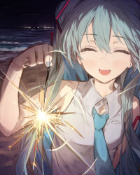 Rule 34 | 1girl, absurdres, aqua hair, aqua nails, aqua necktie, beach, breasts, closed eyes, collared shirt, commentary, fireworks, grey shirt, happy, hatsune miku, highres, holding, holding fireworks, lens flare, long hair, mihoranran, nail polish, necktie, night, ocean, open mouth, outdoors, shirt, sleeveless, sleeveless shirt, small breasts, smile, solo, sparkler, teeth, twintails, upper body, upper teeth only, vocaloid