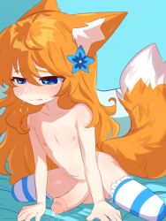 Rule 34 | 1boy, animal ear fluff, animal ears, blue eyes, blue flower, blush, claravt (roringclara), commentary, commission, english commentary, fang, flower, fox boy, fox ears, fox tail, hair between eyes, hair flower, hair ornament, highres, indie virtual youtuber, leaning forward, lily moetsuki, long hair, nipples, nose blush, orange hair, parted lips, penis, precum, solo, spread legs, striped clothes, striped thighhighs, tail, testicles, thighhighs, trap, uncensored, virtual youtuber