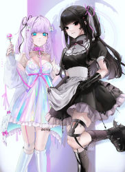 Rule 34 | 2girls, :&lt;, :3, apron, aqua eyes, black dress, black eyes, black footwear, black hair, black legwear, blue nails, blunt bangs, boots, bow, breasts, chest harness, cleavage, collar, collared dress, crescent moon, cross, cross-laced clothes, dress, drill hair, dripping, fang, fingernails, fishnet legwear, fishnets, frilled dress, frills, garter straps, gem, gloves, green nails, harness, highres, holding, holding wand, iridescent, jacket, unworn jacket, jewelry, knee boots, latin cross, leg tattoo, legwear garter, long hair, moon, multiple girls, nail art, nail polish, original, pill, pink collar, pink nails, pink ribbon, platform footwear, ponytail, puffy short sleeves, puffy sleeves, purple hair, purple nails, ribbon, shiny clothes, short sleeves, signature, simple background, sleeves past wrists, spiked collar, spikes, tattoo, unxi, waist apron, wand, white background, white bow, white footwear, white jacket