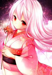 Rule 34 | 1girl, flower, highres, japanese clothes, kimono, long hair, mintsu (ichi--kun), obi, original, pink hair, red eyes, sash, solo, spider lily