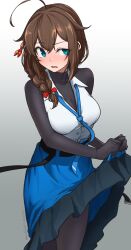Rule 34 | 1girl, absurdres, ahoge, black bodysuit, blue eyes, blush, bodysuit, braid, breasts, brown hair, clothes lift, gradient background, grey background, hair flaps, hair ornament, hair over one eye, hair over shoulder, hair ribbon, highres, kantai collection, lifted by self, long hair, medium breasts, open mouth, red ribbon, ribbon, shigure (kancolle), shigure kai ni (kancolle), shirt, simple background, single braid, skirt, skirt lift, sleeveless, sleeveless shirt, solo, umibudou, white background, white shirt