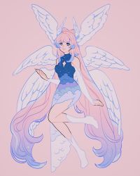 Rule 34 | 1girl, absurdres, arm at side, bare shoulders, blue eyes, blue hair, bow-shaped hair, breasts, cleavage cutout, clothing cutout, cloud print, collarbone, colored tips, commentary, detached sleeves, english commentary, eyelashes, feathered wings, flying, full body, genshin impact, head wings, highres, long hair, looking at viewer, meyoco, multicolored eyes, multicolored hair, multiple wings, no shoes, outstretched hand, pink eyes, pink hair, sangonomiya kokomi, side slit, sidelocks, simple background, smile, socks, solo, starry sky print, streaked hair, very long hair, wings