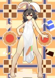 Rule 34 | 1girl, animal ears, apron, barefoot, black hair, breasts, rabbit ears, feet, female focus, inaba tewi, mossari poteto, naked apron, red eyes, small breasts, solo, toes, touhou