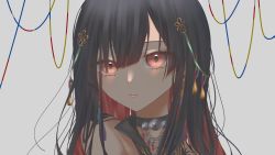 Rule 34 | 1girl, arm tattoo, black hair, collarbone, colored inner hair, commentary, english commentary, expressionless, grey background, henna, highres, long hair, looking at viewer, multicolored hair, nijisanji, nijisanji in, noor (nijisanji), portrait, red eyes, red hair, shio (plkqd), solo, tattoo, upper body, virtual youtuber