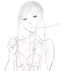 Rule 34 | 1girl, bare shoulders, dress, kumaori jun, long hair, monochrome, mouth hold, solo, spot color, string, string of fate
