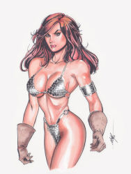 Rule 34 | 1girl, armband, armor, artist request, bikini, bikini armor, black eyes, breasts, brown hair, chainmail, gloves, large breasts, leather, leather gloves, lipstick, long hair, makeup, muscular, red hair, red sonja, red sonja (comics), solo, swimsuit, thighs