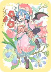 Rule 34 | &gt;;d, 1girl, bag, bat wings, blue hair, blush, boots, bow, cross-laced footwear, fang, floral print, flower, hair between eyes, handbag, hat, hydrangea, japanese clothes, kimono, lace-up boots, leg up, looking at viewer, mob cap, morino hon, nail polish, one eye closed, red eyes, red hat, remilia scarlet, short hair, smile, solo, striped, touhou, v, v-shaped eyebrows, wings